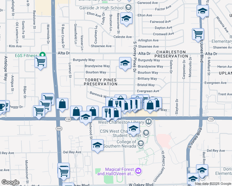 map of restaurants, bars, coffee shops, grocery stores, and more near 6449 Evergreen Avenue in Las Vegas