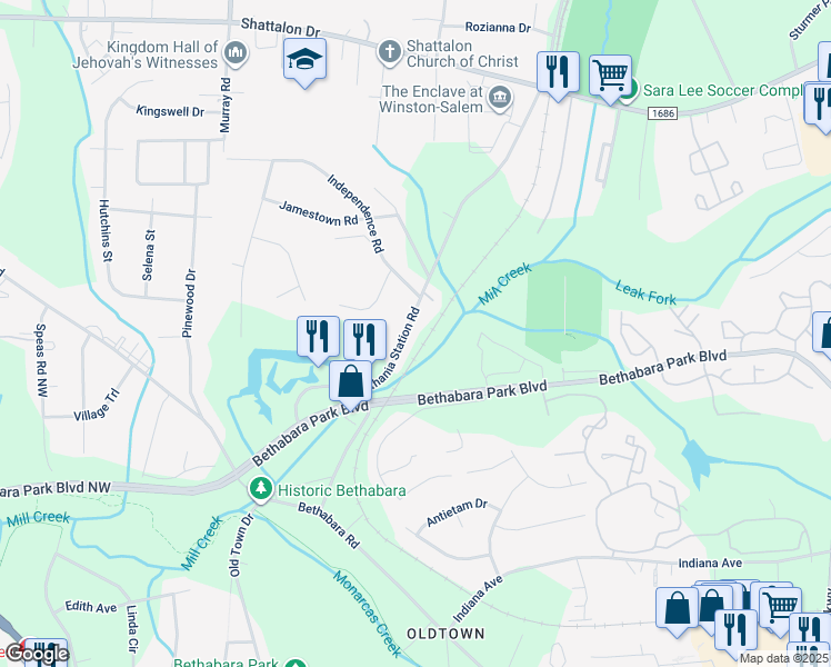 map of restaurants, bars, coffee shops, grocery stores, and more near 3907 Bethania Station Road in Winston-Salem