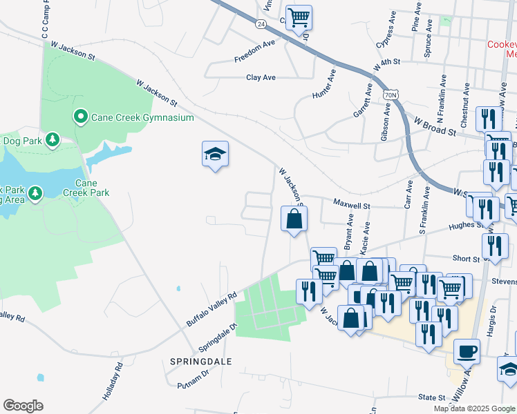 map of restaurants, bars, coffee shops, grocery stores, and more near 201 Eagles Landing Drive in Cookeville