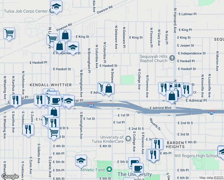 map of restaurants, bars, coffee shops, grocery stores, and more near 2803 East Admiral Court in Tulsa