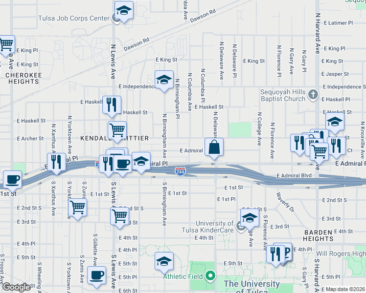 map of restaurants, bars, coffee shops, grocery stores, and more near 2639 East Admiral Court in Tulsa