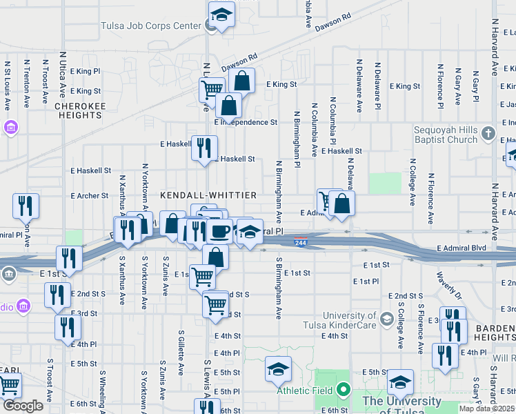 map of restaurants, bars, coffee shops, grocery stores, and more near 2523 East Admiral Court in Tulsa