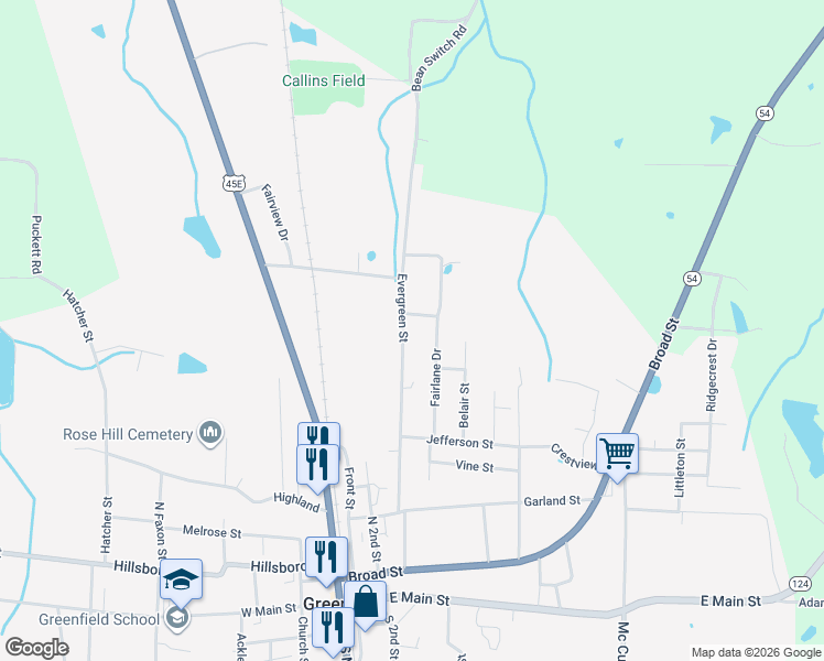 map of restaurants, bars, coffee shops, grocery stores, and more near 424 Evergreen Street in Greenfield