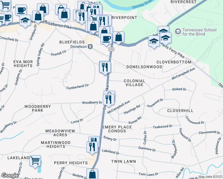 map of restaurants, bars, coffee shops, grocery stores, and more near 211 Donelson Pike in Nashville