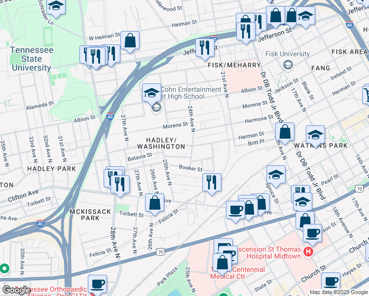 map of restaurants, bars, coffee shops, grocery stores, and more near 2409 Herman Street in Nashville