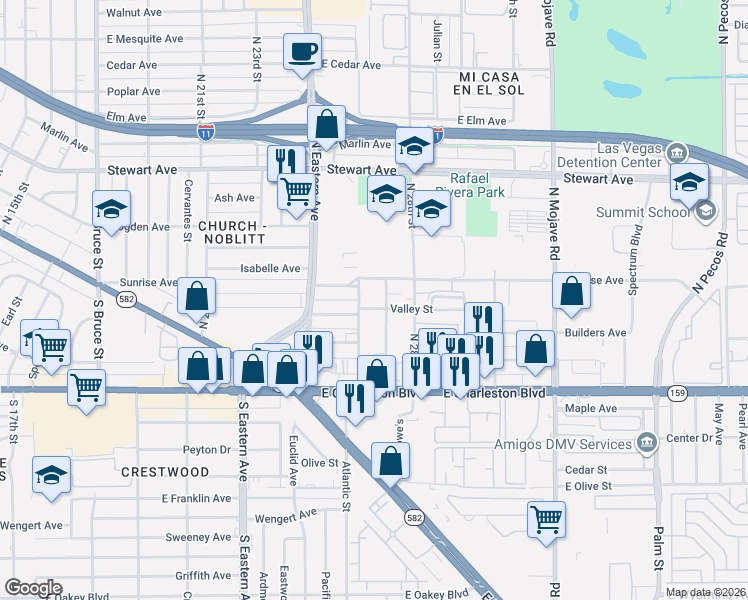 map of restaurants, bars, coffee shops, grocery stores, and more near 2613 Valley Street in Las Vegas
