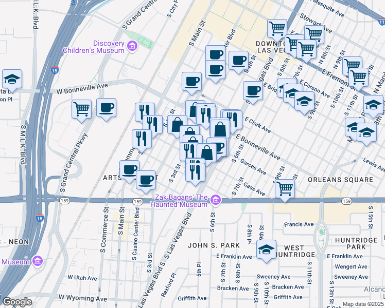 map of restaurants, bars, coffee shops, grocery stores, and more near 310 Gass Avenue in Las Vegas