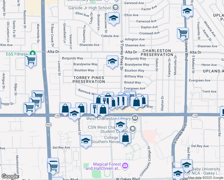 map of restaurants, bars, coffee shops, grocery stores, and more near 6421 Evergreen Avenue in Las Vegas
