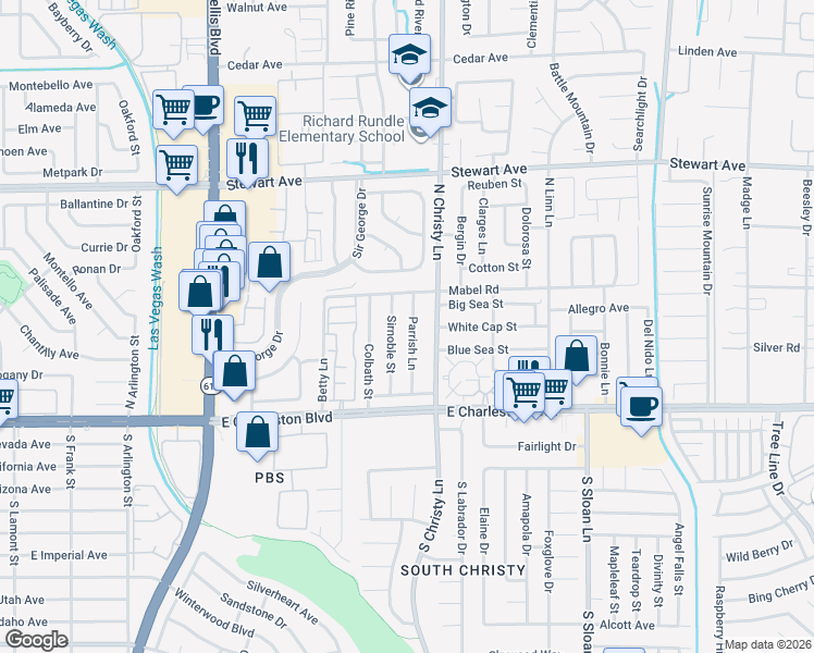 map of restaurants, bars, coffee shops, grocery stores, and more near 117 Parrish Lane in Las Vegas