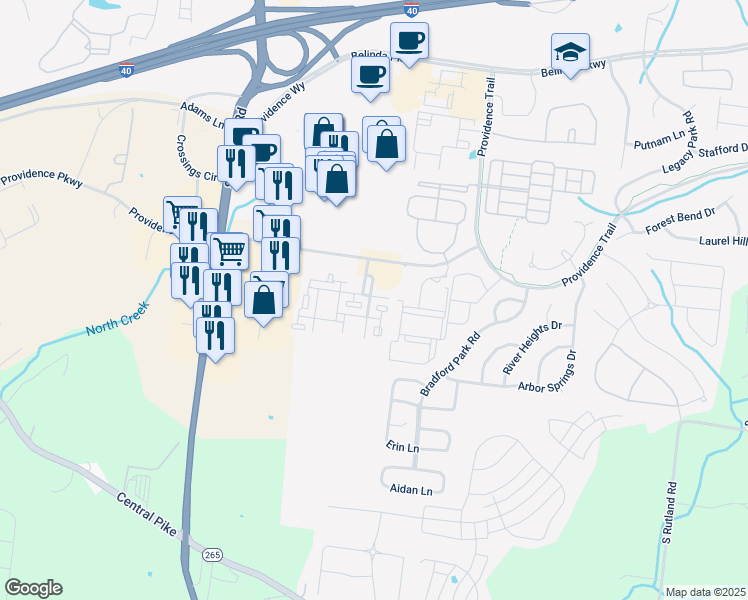 map of restaurants, bars, coffee shops, grocery stores, and more near 1341 Westwood Boulevard in Mt. Juliet