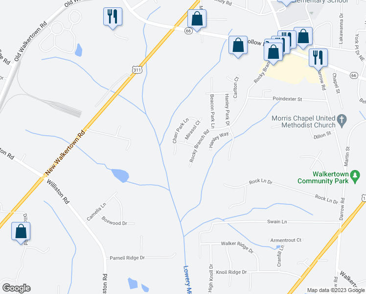 map of restaurants, bars, coffee shops, grocery stores, and more near 4342 Lowery Branch Drive in Walkertown