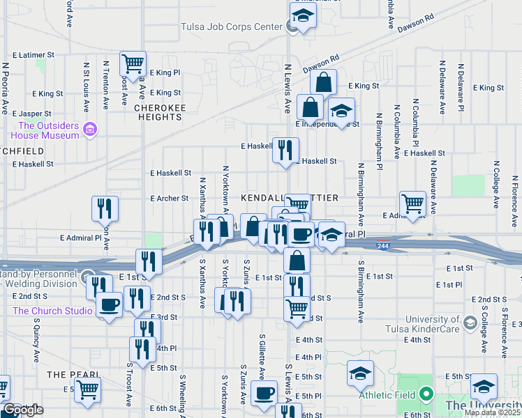 map of restaurants, bars, coffee shops, grocery stores, and more near 62 North Gillette Avenue in Tulsa