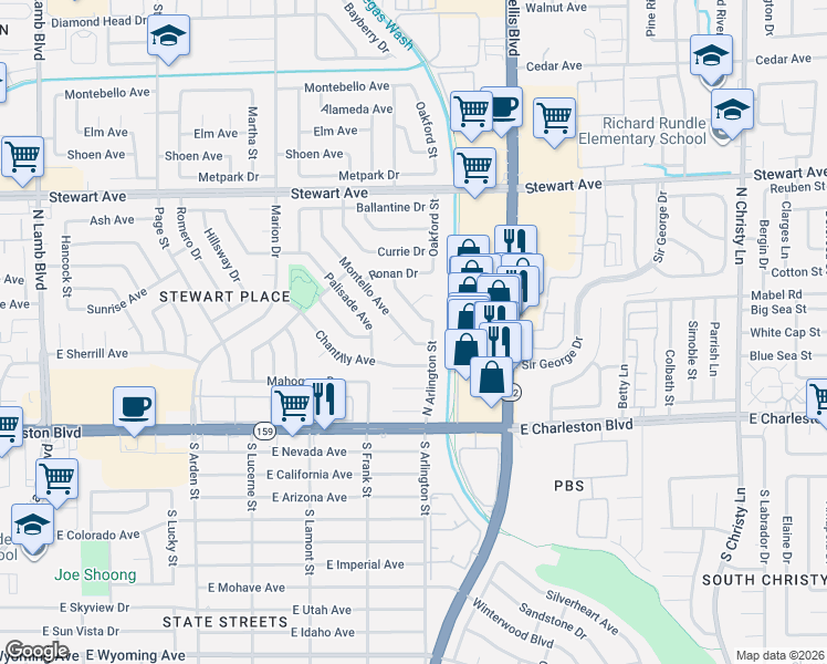map of restaurants, bars, coffee shops, grocery stores, and more near 53 Montello Avenue in Las Vegas