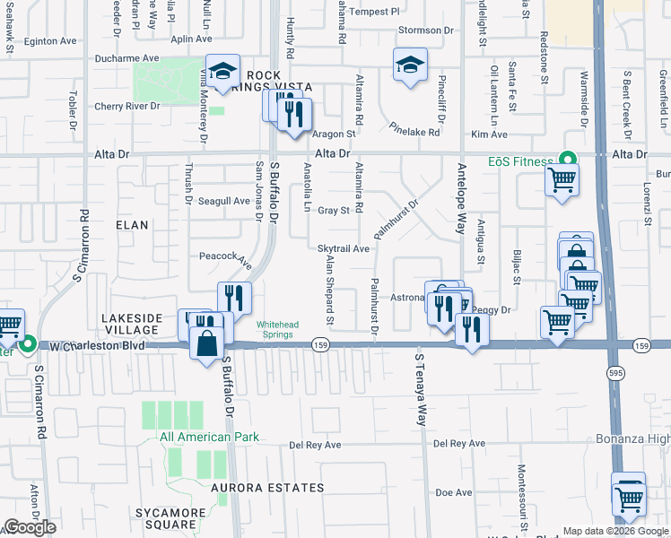 map of restaurants, bars, coffee shops, grocery stores, and more near 913 Alan Shepard Street in Las Vegas