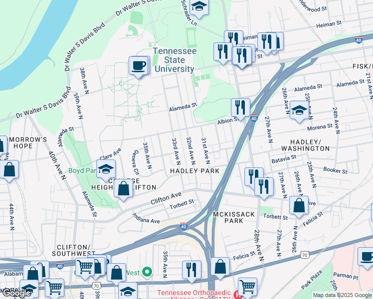 map of restaurants, bars, coffee shops, grocery stores, and more near 925 32nd Avenue North in Nashville