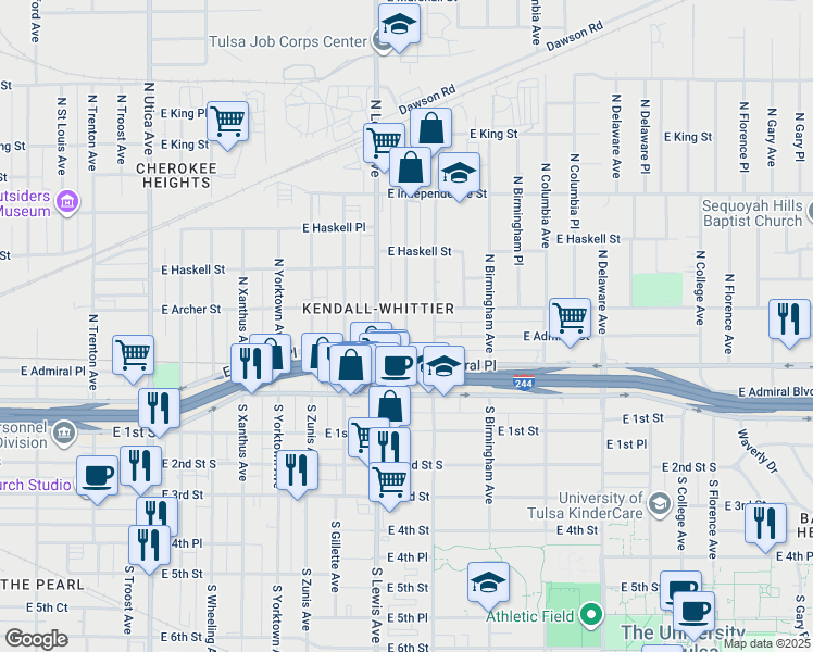 map of restaurants, bars, coffee shops, grocery stores, and more near 68 North Lewis Place in Tulsa