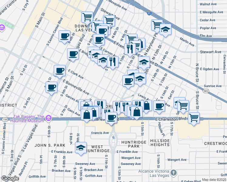 map of restaurants, bars, coffee shops, grocery stores, and more near 424 South 11th Street in Las Vegas