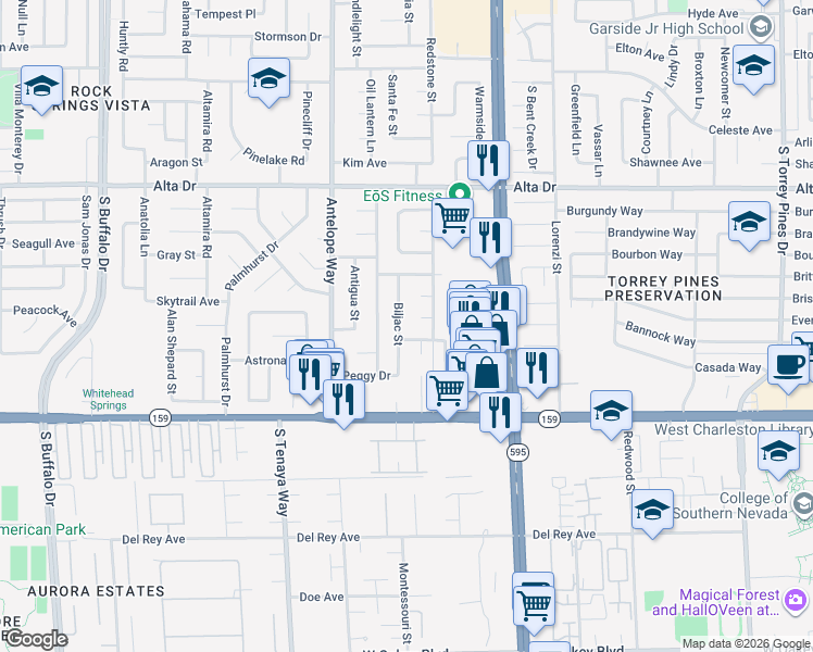 map of restaurants, bars, coffee shops, grocery stores, and more near 825 Biljac Street in Las Vegas
