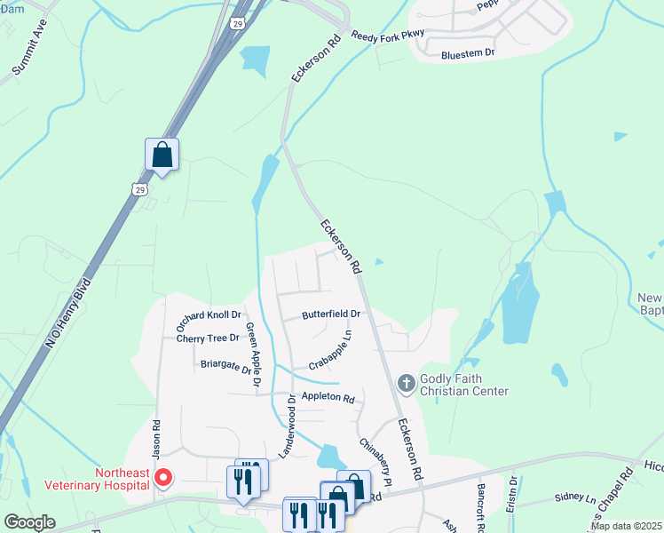 map of restaurants, bars, coffee shops, grocery stores, and more near 3 White Oak Court in Greensboro