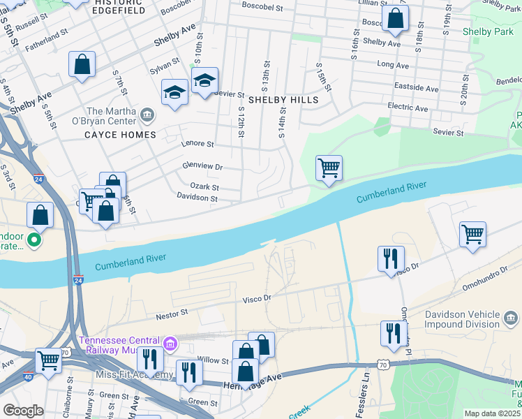 map of restaurants, bars, coffee shops, grocery stores, and more near 1200 Davidson Street in Nashville