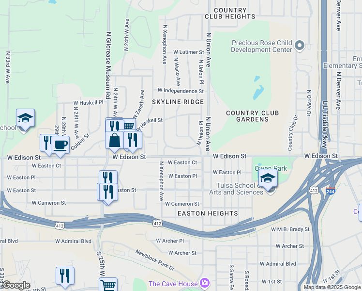 map of restaurants, bars, coffee shops, grocery stores, and more near 1755 West Fairview Street in Tulsa