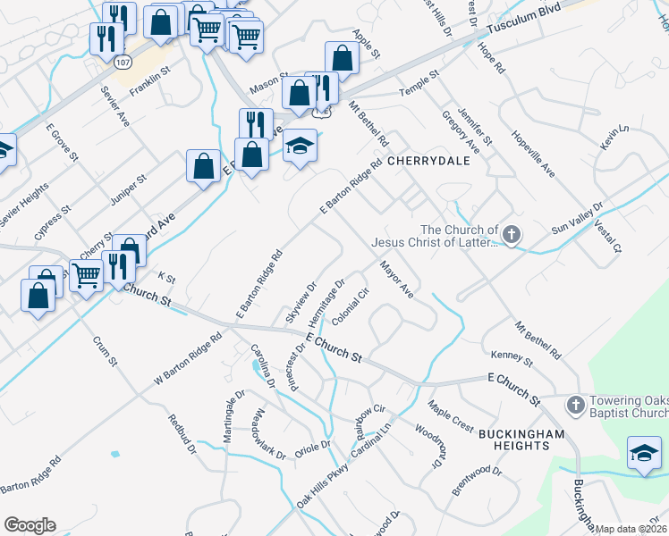 map of restaurants, bars, coffee shops, grocery stores, and more near 126 Skyview Dr in Greeneville