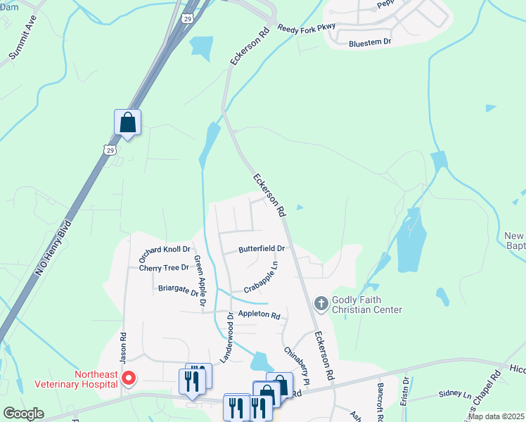 map of restaurants, bars, coffee shops, grocery stores, and more near 3 White Oak Court in Greensboro