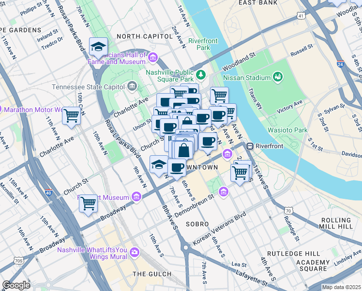 map of restaurants, bars, coffee shops, grocery stores, and more near 145 Rep. John Lewis Way North in Nashville