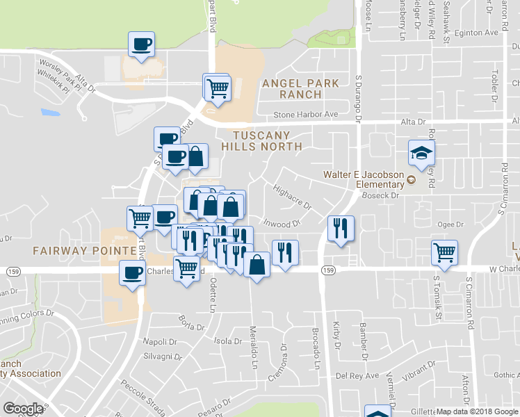 map of restaurants, bars, coffee shops, grocery stores, and more near 801 Vantage Lane in Las Vegas