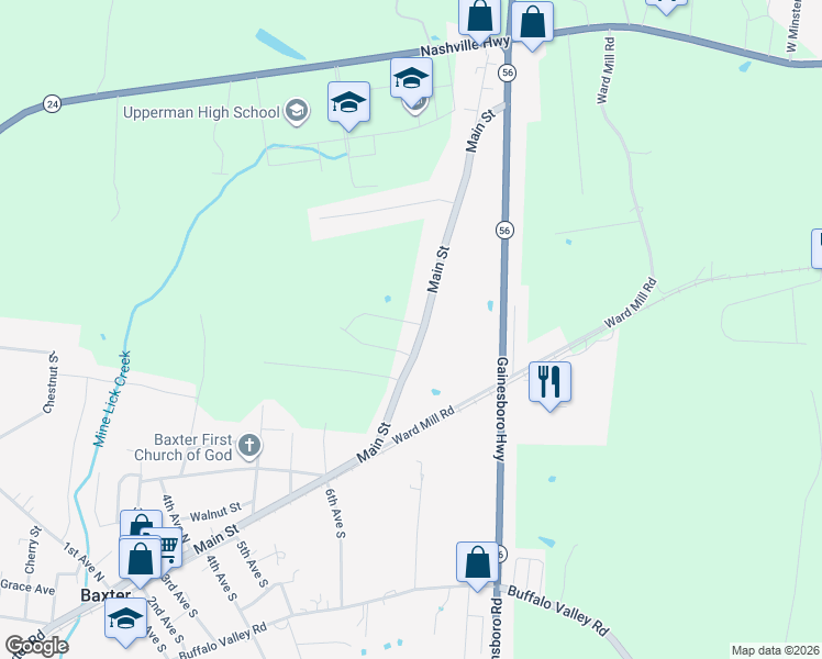 map of restaurants, bars, coffee shops, grocery stores, and more near 736-976 Main Street in Baxter