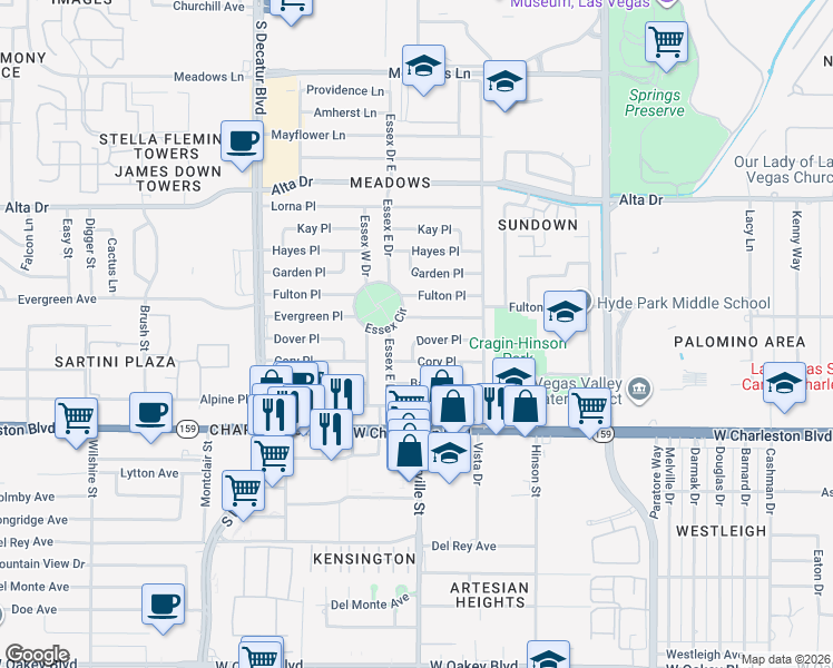 map of restaurants, bars, coffee shops, grocery stores, and more near 4324 Dover Place in Las Vegas