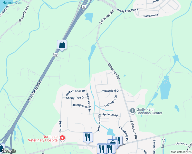 map of restaurants, bars, coffee shops, grocery stores, and more near 5910 Landerwood Drive in Greensboro