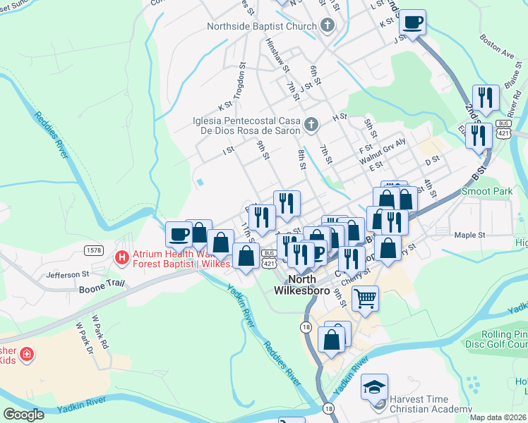 map of restaurants, bars, coffee shops, grocery stores, and more near 501 10th Street in North Wilkesboro