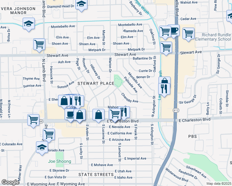 map of restaurants, bars, coffee shops, grocery stores, and more near 47 Locustwood Street in Las Vegas