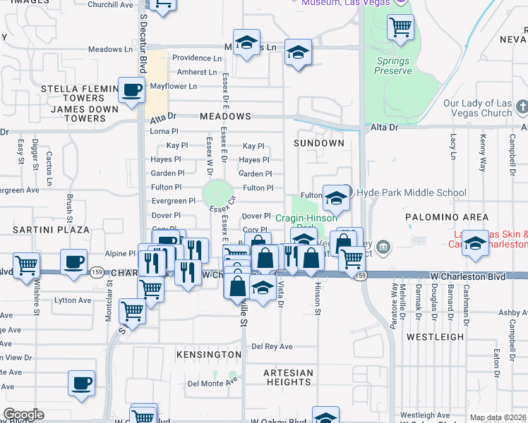 map of restaurants, bars, coffee shops, grocery stores, and more near 4224 Dover Pl in Las Vegas