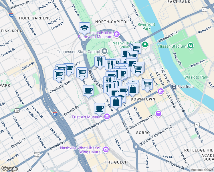 map of restaurants, bars, coffee shops, grocery stores, and more near 714 Church Street in Nashville