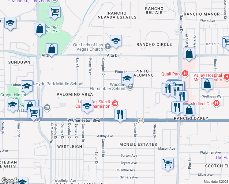 map of restaurants, bars, coffee shops, grocery stores, and more near 3029 Palomino Lane in Las Vegas