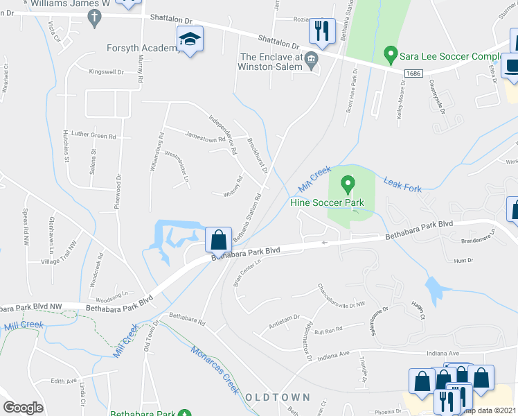 map of restaurants, bars, coffee shops, grocery stores, and more near 3907 Bethania Station Road in Winston-Salem