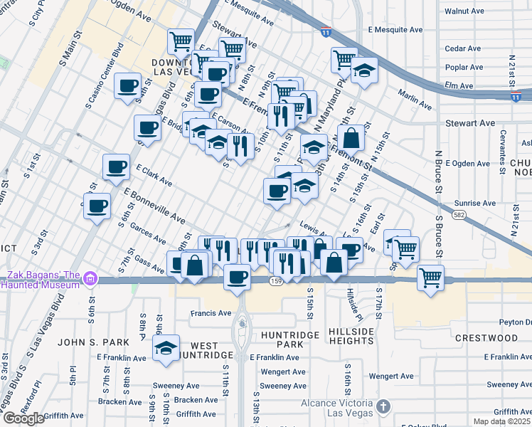 map of restaurants, bars, coffee shops, grocery stores, and more near 405 South Maryland Parkway in Las Vegas