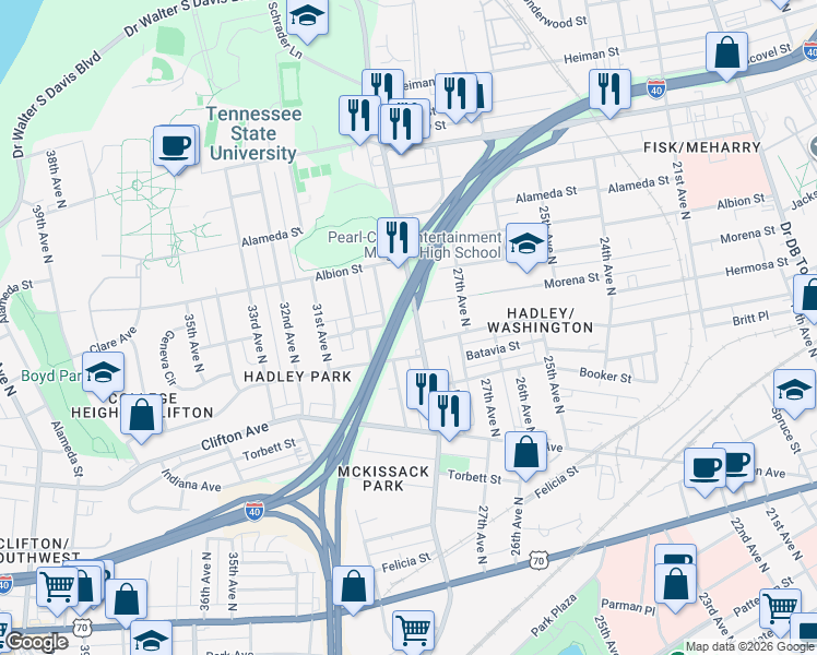 map of restaurants, bars, coffee shops, grocery stores, and more near 2805 Clare Avenue in Nashville