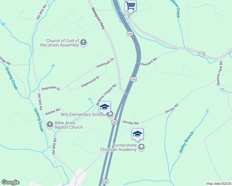 map of restaurants, bars, coffee shops, grocery stores, and more near 155 Watkins Chapel Road in Morristown