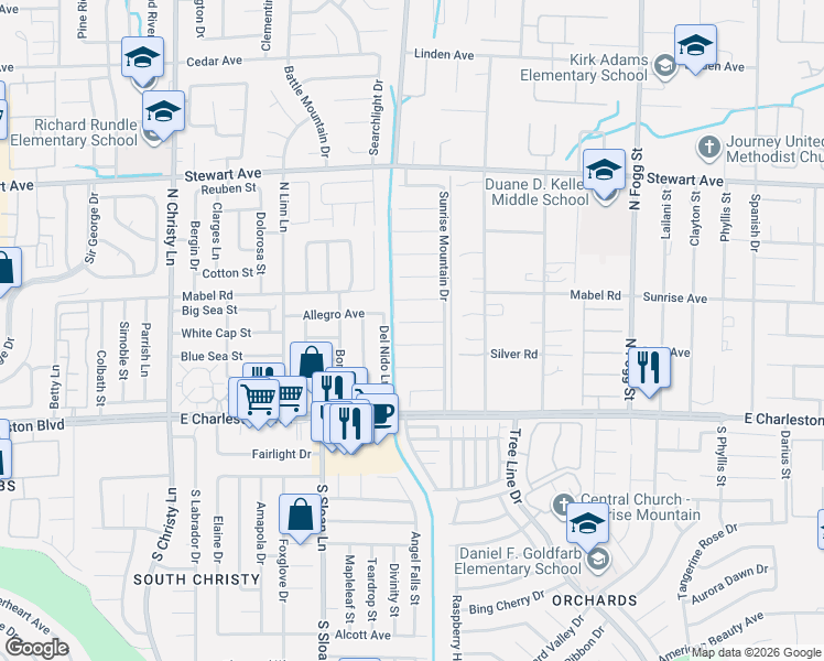 map of restaurants, bars, coffee shops, grocery stores, and more near 5926 Sandra Field Court in Las Vegas