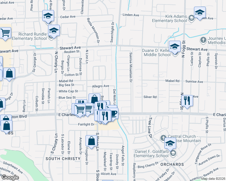map of restaurants, bars, coffee shops, grocery stores, and more near 130 Tierra Buena Drive in Las Vegas