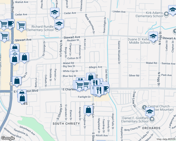 map of restaurants, bars, coffee shops, grocery stores, and more near 146 North Linn Lane in Las Vegas