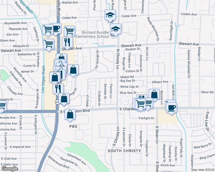 map of restaurants, bars, coffee shops, grocery stores, and more near 117 Parrish Lane in Las Vegas