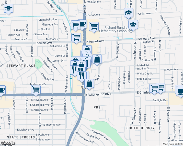map of restaurants, bars, coffee shops, grocery stores, and more near 136 Bel Port Drive in Las Vegas