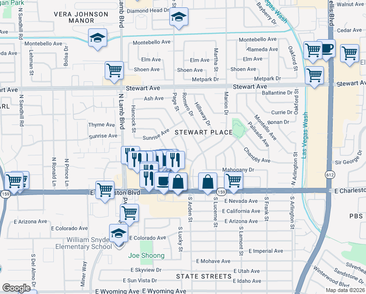 map of restaurants, bars, coffee shops, grocery stores, and more near 49 North Lafaette Street in Las Vegas