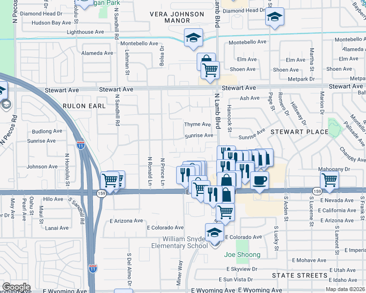 map of restaurants, bars, coffee shops, grocery stores, and more near 76 North Daisetta Street in Las Vegas