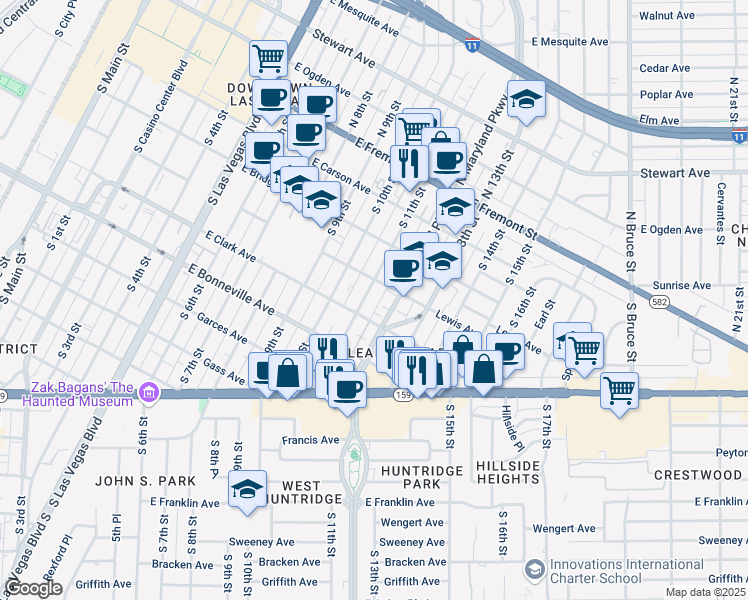 map of restaurants, bars, coffee shops, grocery stores, and more near 405 South Maryland Parkway in Las Vegas