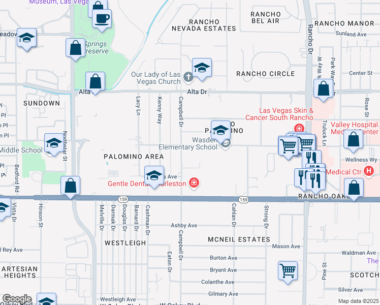 map of restaurants, bars, coffee shops, grocery stores, and more near 3029 Palomino Lane in Las Vegas